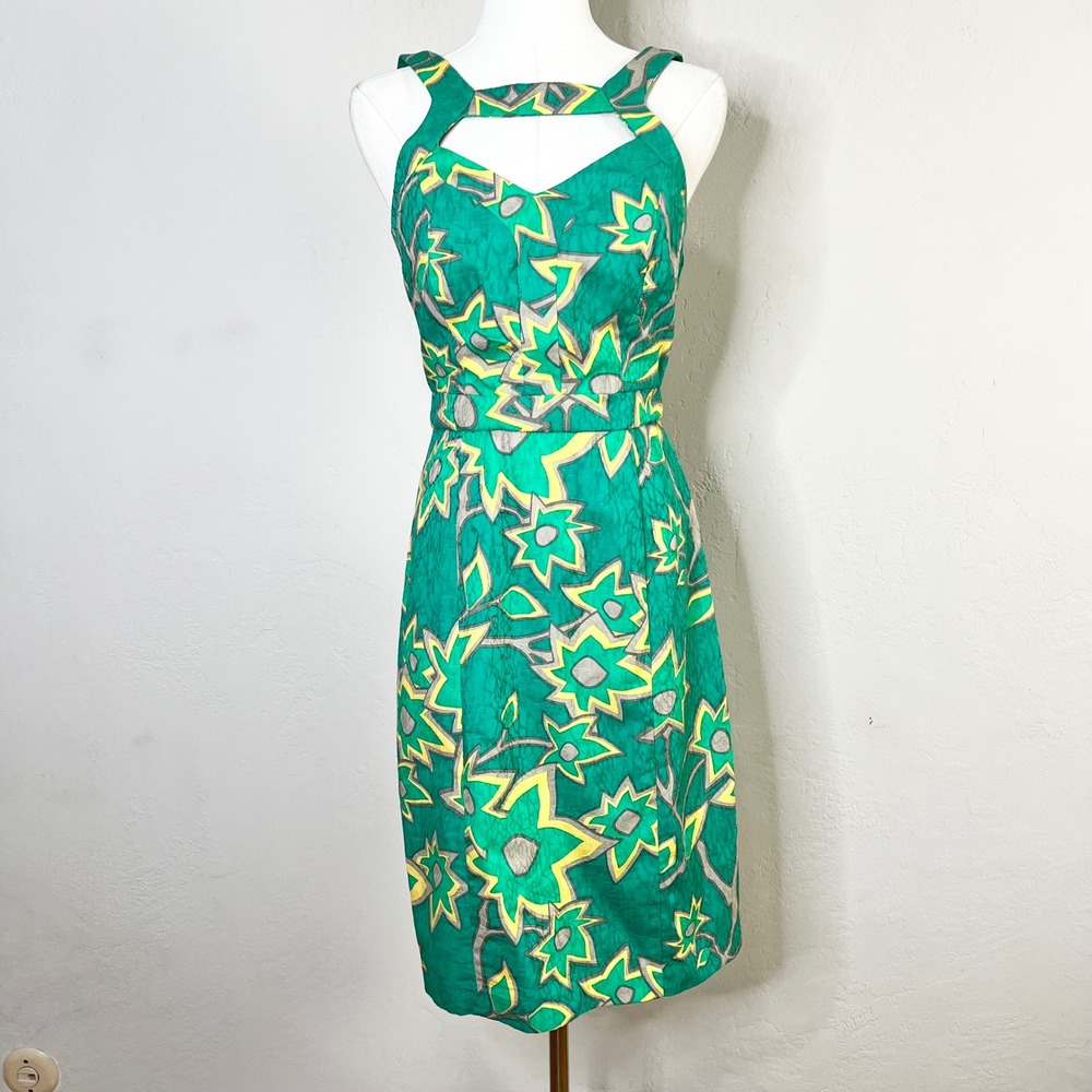 Muse Green Yellow Starburst‎ Print Cutout Sweetheart Sheath Dress Size 2 NWT